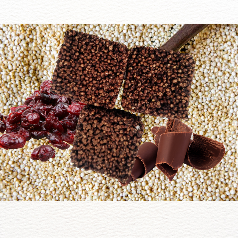 Cuadros amaranto con chocolate amargo y arándano enhilado